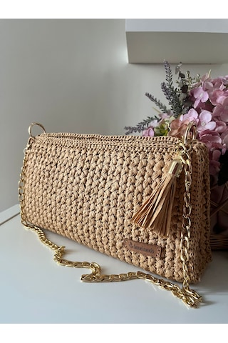 El Yapımı Örgü Kağıt İp Kadın Clutch Çanta Zincir Askılı Bej