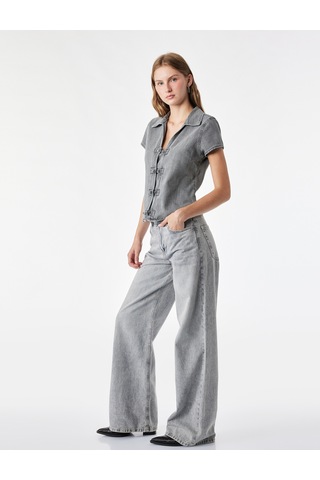 Koton Rahat Kalıp Kısa Kollu Napolyon Kapama Detaylı Denim Bluz Gri 7wal30009md