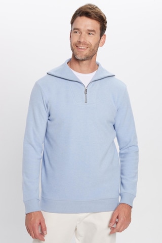 Tudors Unisex Relax Fit Rahat Kesim Fitilli Desenli Pamuklu Yarım Fermuarlı Mavi Dik Yaka Sweatshirt-31987 Mavi