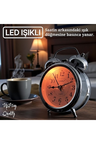 Upway Çanlı Tokmaklı Yüksek Zil Sesli Gümüş Metal Kasalı Işıklı Nostaljik Retro Çalar Saat Gümüş