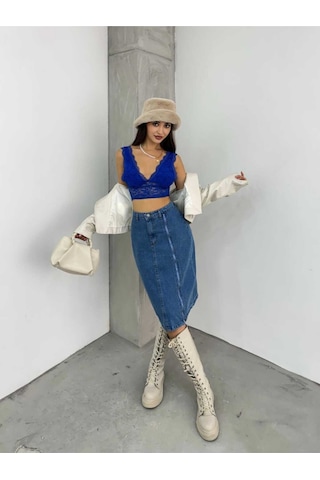 Shevega Kadın Mavi Ön Fermuar Detayli Kot Etek Mavi