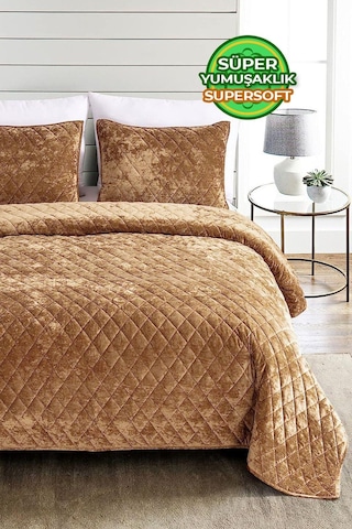 Evlen Home Kapitone Kadife Yatak Örtüsü Seti Çift Kişilik Supersoft 3 Parça Yumuşak Elyaf Dolgulu Kahve Kahverengi