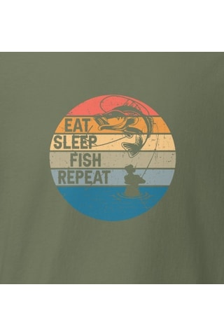Wildstyle Retro Balık Gün Batımı Vintage Balıkçılık Deniz Baskılı Unisex Bisiklet Yaka Pamuklu Tişört Haki