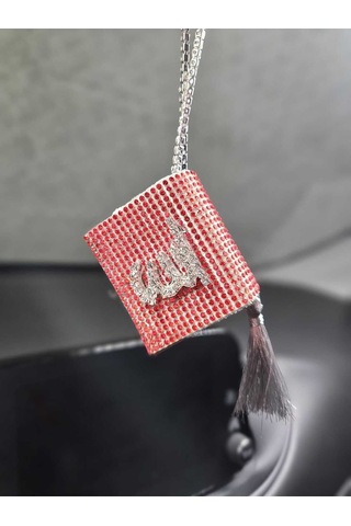 Kırmızı Kuran Kerim Gümüş Yazılı Gri Püskül