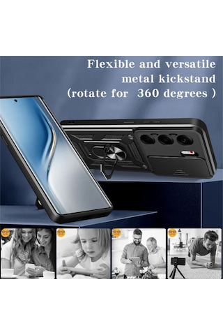 Tecno Camon 40 Pro 5G Uyumlu Tank Kılıf Yüzüklü Standlı Zırhlı Outdoor Kapak - Siyah