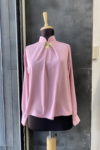 Pera Moda Gold Broş Detaylı Şık Bluz Gömlek Gül Kurusu