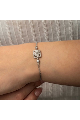 Gümüş Kare Baget Taşlı Kadın Bileklik Gümüş