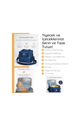 Termal Çanta 11 Lt Buzluk Çanta, Soğuk Tutan, Çift Saplı El & Omuz , File Kapaklı-313 Koyu Mavi