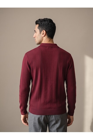 Maccali Erkek Bordo Bantlı Fermuarlı Polo Yaka Triko Kazak
