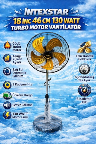 İntexstar 18 İnç 46 Cm Süper Sessiz Bakır Sargılı Turbo Motor 5 Çelik Kanatlı 130watt Vantilatör Pervane Soğutucu