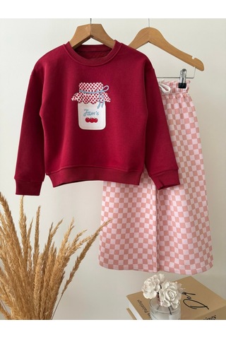 Magu Kız Çocuk Pamuklu Baskılı Bordo Sweatshirt Ve Eşofman Takımı Çok Renkli