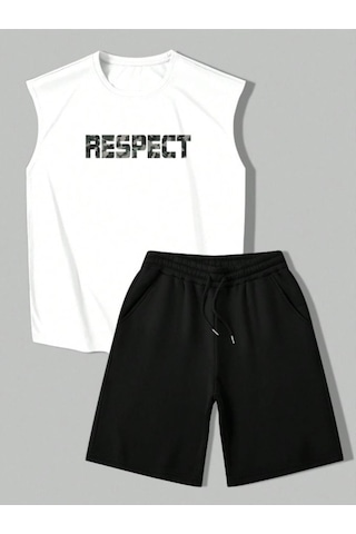Altamira Erkek Beyaz Respect Baskılı Kolsuz T-shirt Şort Takım 001
