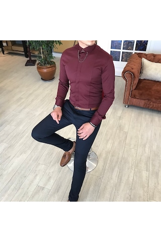 Italyan Kesim Slim Fit Erkek Saten Bordo Zincirli Gömlek T4099