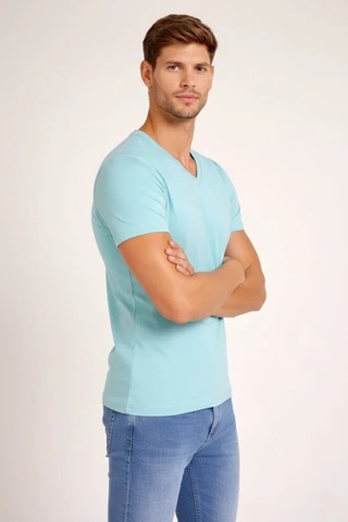 Butik İstanbul Erkek T-shirt V Yaka Slim Fit Dar Kesim Likralı Tişört Günlük Basic Body - Turkuvaz Turkuaz