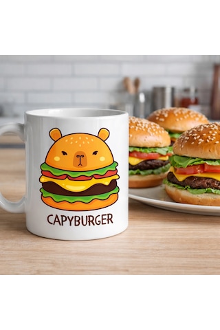 Capyburger Tasarım Kupa Model 230 Sevimli Kapibara Burger Baskılı Seramik Kahve Kupası Çok Renkli