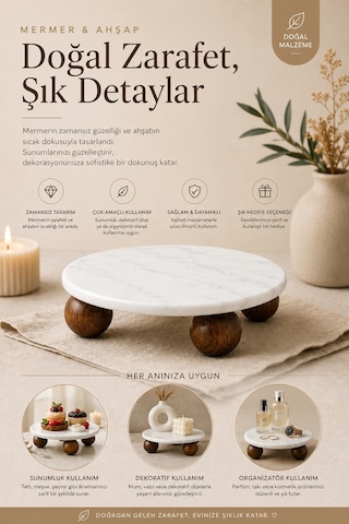 Yuvarlak Akasya Top Ayaklı Mermer Kahvaltılık Sunumluk Sunum Tabağı 25 Cm Beyaz