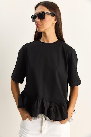 Shade Kadın Tül Detaylı Volanlı Oversize Basic T-shirt 8789 60286165 - Siyah