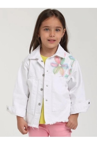 Kız Çocuk Çiçek Desenli Kot Ceket-15633 Beyaz