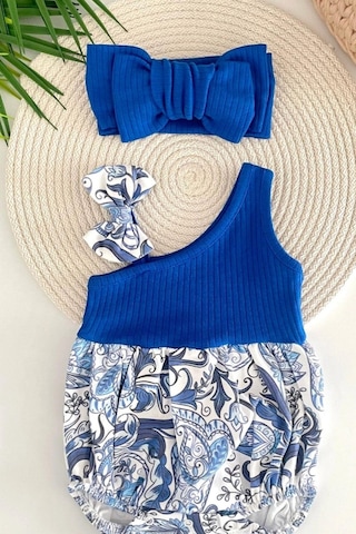 Kız Bebek Kokina Çiçeği Tek Omuz Romper Tulum Mavi