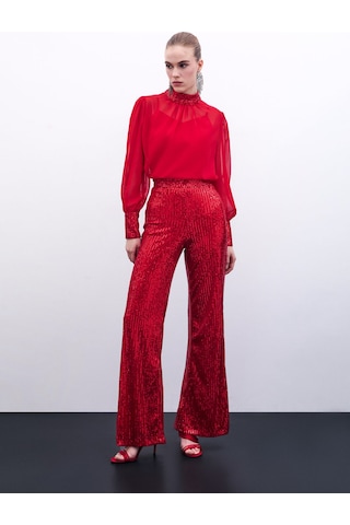 Sateen Payetli Salaş Pantolon - Kırmızı