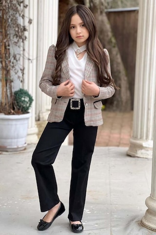 Riccotarz Kız Çocuk Yakası Açık Ve Taş Detaylı Bluz Ekose Çizgi Blazer Ceket Kemerli Siyah Alt Üst Takım Siyah