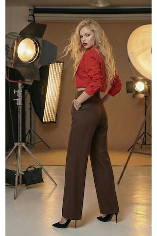 Ribana Classic Kemerli Bol Paça Kadın Krep Pantolon Kahverengi