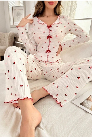 Bella Notte Pamuklu Kiraz Desenli Mevsimlik Pijama Takımı Kırmızı