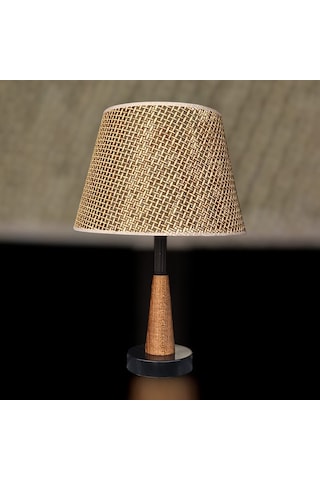 Legna Abajur Siyah Rattan Kahverengi Şapkalı Ahşap Gövdeli