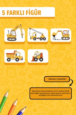 İsim Yazılabilir İş Makineleri Temalı Okul Etiketi Kalem & Defter İçin 200 Adet Sarı