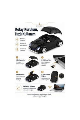 Klasik Siyah Beetle Vosvos Tasarımlı 2.4g Kablosuz Mouse Usb Alıcılı Araba Şeklinde Optik Mouse Çok Renkli Diğer
