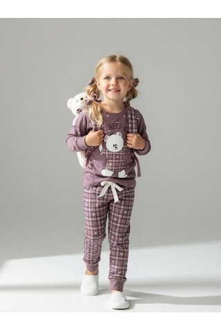 Kız Çocuk Pamuklu Ekose Desenli Ayıcıklı Pijama Takımı-16826 Mor