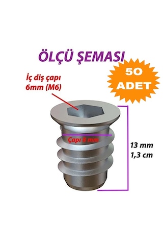 Metal Ahşap Dübeli - M6 8x13 - Mobilya Bağlantı Ünite Birleştirme