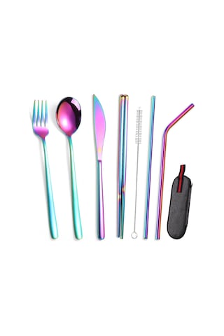 Valkyrie 8 Parça Çantalı Yolculuk Çatal Bıçak Kaşık Pipet Chopstick Seti Kamp Okul Ofis Tatil Paslanmaz Çelik Renkli Çok Renkli