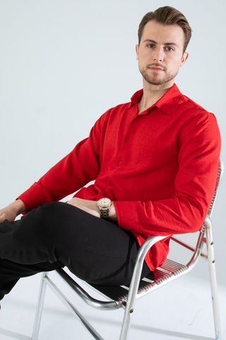 Rahat Kesim Keten Dokulu Gömlek Kırmızı