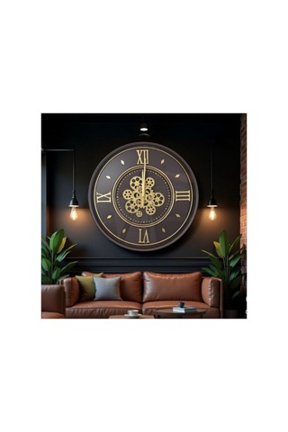 1 Adet Çarklı Duvar Saati 55 Cm Endüstriyel Vintage Tasarım, Açık Mekanizma, Roma Rakamlı Kadran, Altın Tonlu Detay, Wall Clock