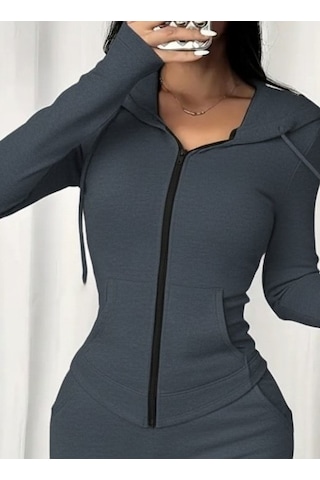 Tua Moda Kadın Uzun Kollu Kapşonlu Bağcıklı Önü Fermuarlı Viskon Iki Iplik Bluz Ve Pantolon Ikili Takım Gri