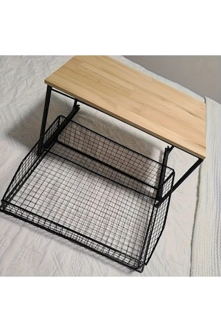 Honeybeeshop Siyah Metal Çerçeveli Ahşap Mikrodalga Rafı 37x26 Cm Çekmeceli Tezgah Düzenleyici