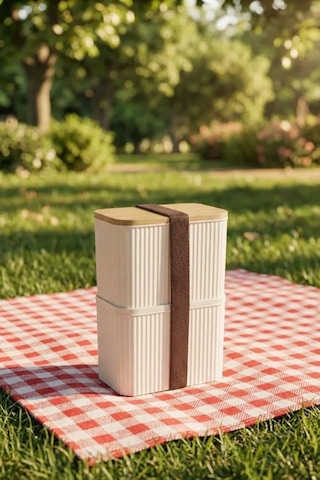 Makri Home Bambu Kapaklı 2 Katlı Saklama Kabı Seti - 2x1 Litre Krem