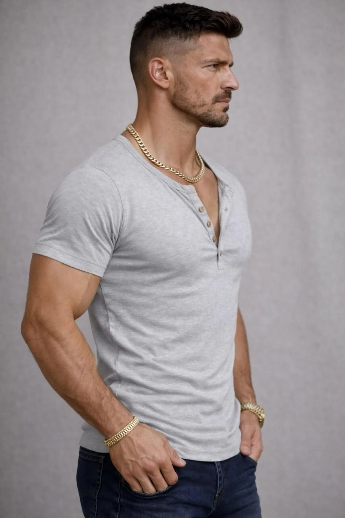 Zel Üretim Henley Yaka Düğmeli Açık Geniş Yaka Tişört T-shirt Açık Gri Melanj