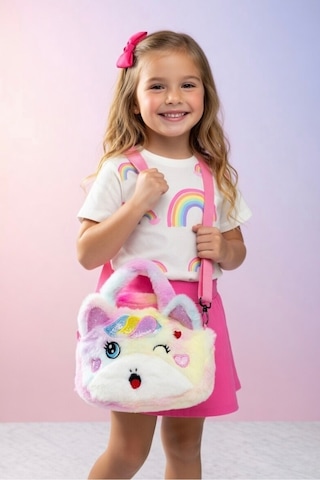 Mollycrush Kız Çocuk Renkli Peluş Çanta Unicorn Tasarımlı Ayarlanabilir Askılı Omuz Ve El Çantası Beyaz