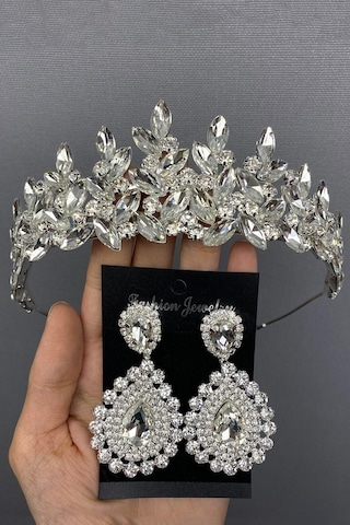 FdayAksesuar En Güzel Gelinler Için Gümüş Subra Gelin Tacı Ve Küpesi FRDY31559