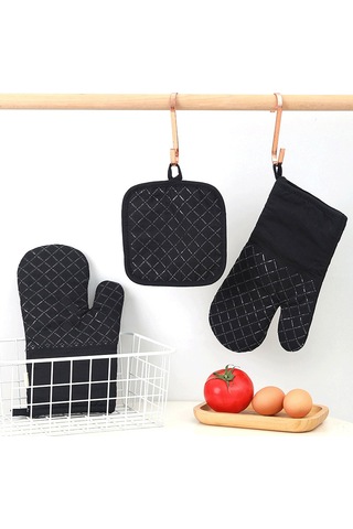 Geeksen 30 Cm Siyah Silikon Izgara Eldiveni Ve 2 Adet Isı Koruyucu Tutucu, Pamuk + Silikon Malzeme, 4'lü Set Çok Renkli