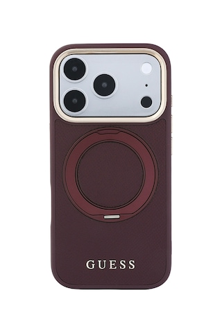Apple iPhone Uyumlu 18 Pro Max Kılıf Guess Lisanslı M-safeli 360 Standlı Pu Metal Yazı Logolu Kapak Bordo