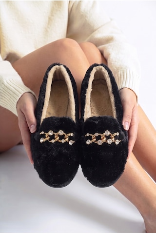 Nmoda Kadın Peluş Panduf Gold Zincir Taşlı Aksesuarlı Kapalı Loafer Yumuşak Tabanlı Kışlık Rahat Babet Siyah