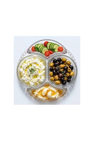 5 Parça 4 Bölmeli Cam Kahvaltılık,çerezlik,meze Tabağı, Çıkarılabilir Cam Bölmeli Sunum Servis Tabağı 24 Cm Şeffaf