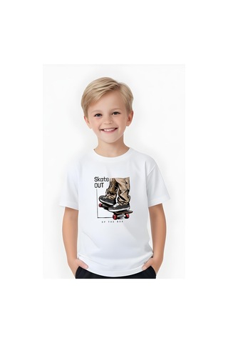 Fyk Kids Erkek Çocuk Yuvarlak Yaka Skate Out Baskılı T-shirt Beyaz