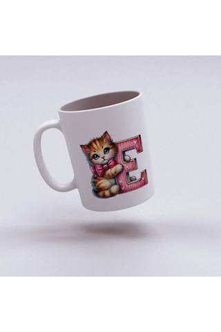 E Harfli Bardak, Sevimli Kedili Pembe Tasarım Bardak, Arkadaşa Aileye Hediye Porselen Beyaz