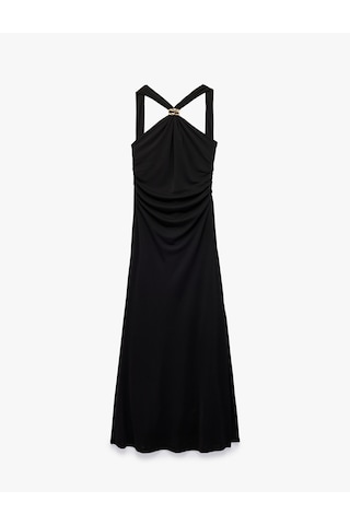 Koton Slim Fit Metal Aksesuarlı Halter Yaka Kolsuz Uzun Abiye Elbise Siyah 6sak80039fk