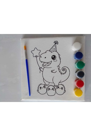 Dinozor Desenli Tuval Boyama Seti 20x20 Cm Boya & Fırça Dahil