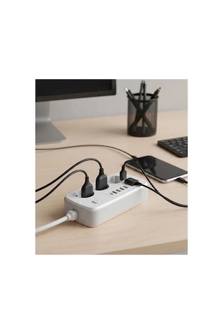Akım Korumalı Priz Ve Masaüstü Şarj İstasyonu Kablosuz 3 Priz,4 Usb, 2 Type-c Girişli 2 Metre